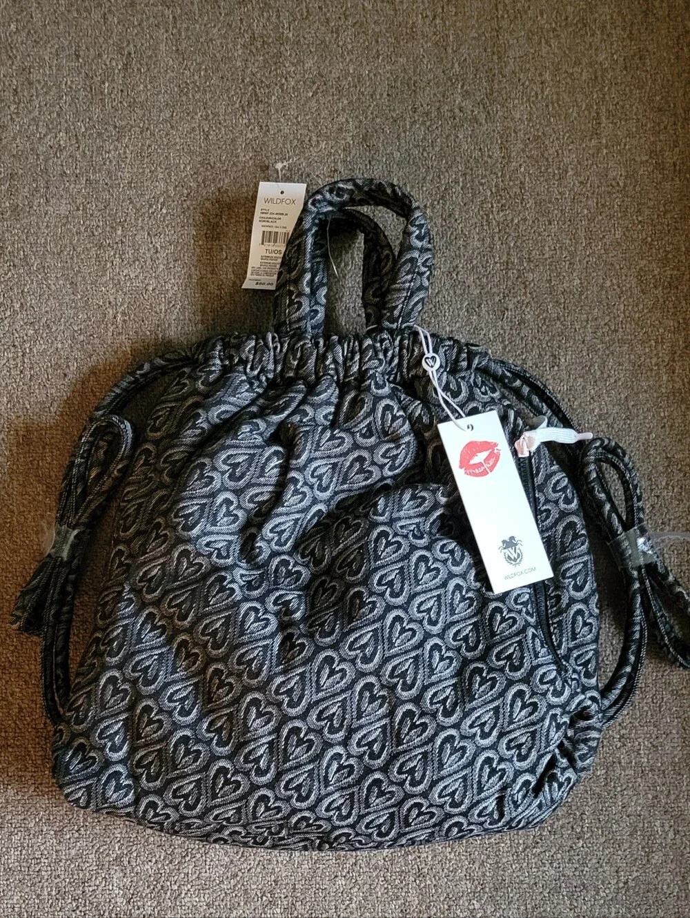 NWT Wildfox Black & Gray Heart Print Drawstring Backpack